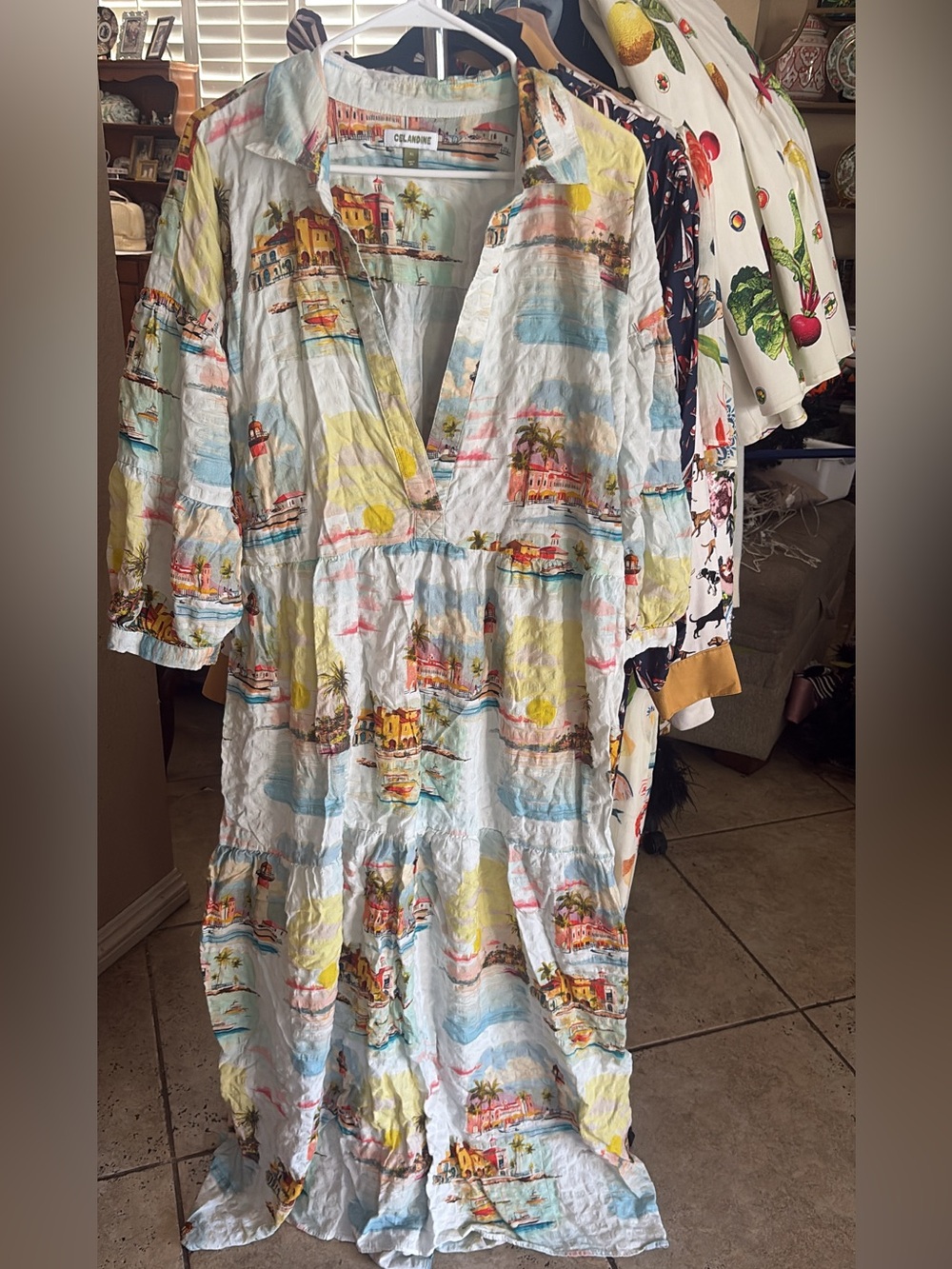CLEONNE Coastal Print White Maxi Dress with Pastel Accents
